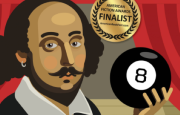 Cartoon Shakespeare holding a magic 8 ball with a finalist award badge above his head.