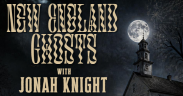 Old church at night with a full moon; text reads New England Ghosts with Jonah Knight.