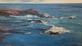 Oil painting of a rocky coastline with waves crashing against the shore under a cloudy sky.
