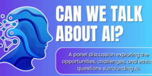 Profile of a human face with circuits, text says Can We Talk About AI? and event details.