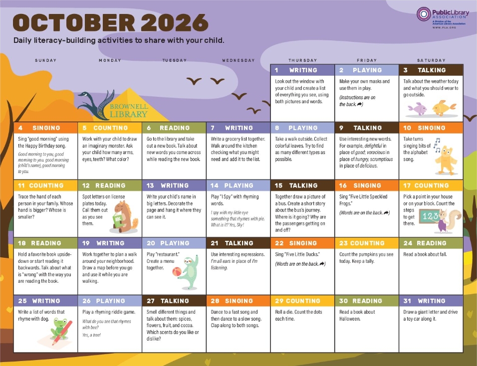 October 2026 literacy activity calendar with daily prompts for kids and parents, colorful icons.