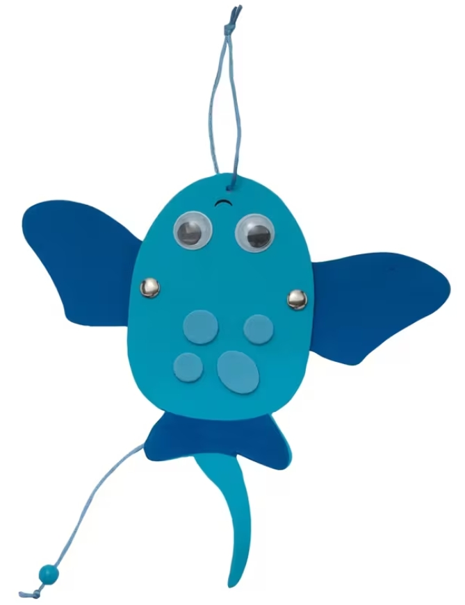 Blue foam fish craft with googly eyes, wings, and string for hanging.
