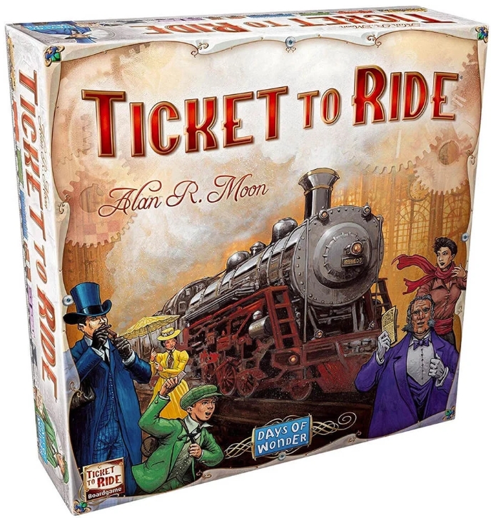 Ticket to Ride board game box showing a train and people in vintage clothing.