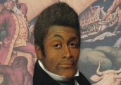 A man in old-fashioned attire poses confidently, with a historic scene in the background.