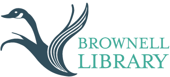 Stylized goose flying left, with Brownell Library text on the right in teal letters.