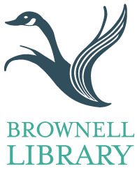 Stylized flying goose above the text Brownell Library in teal green.